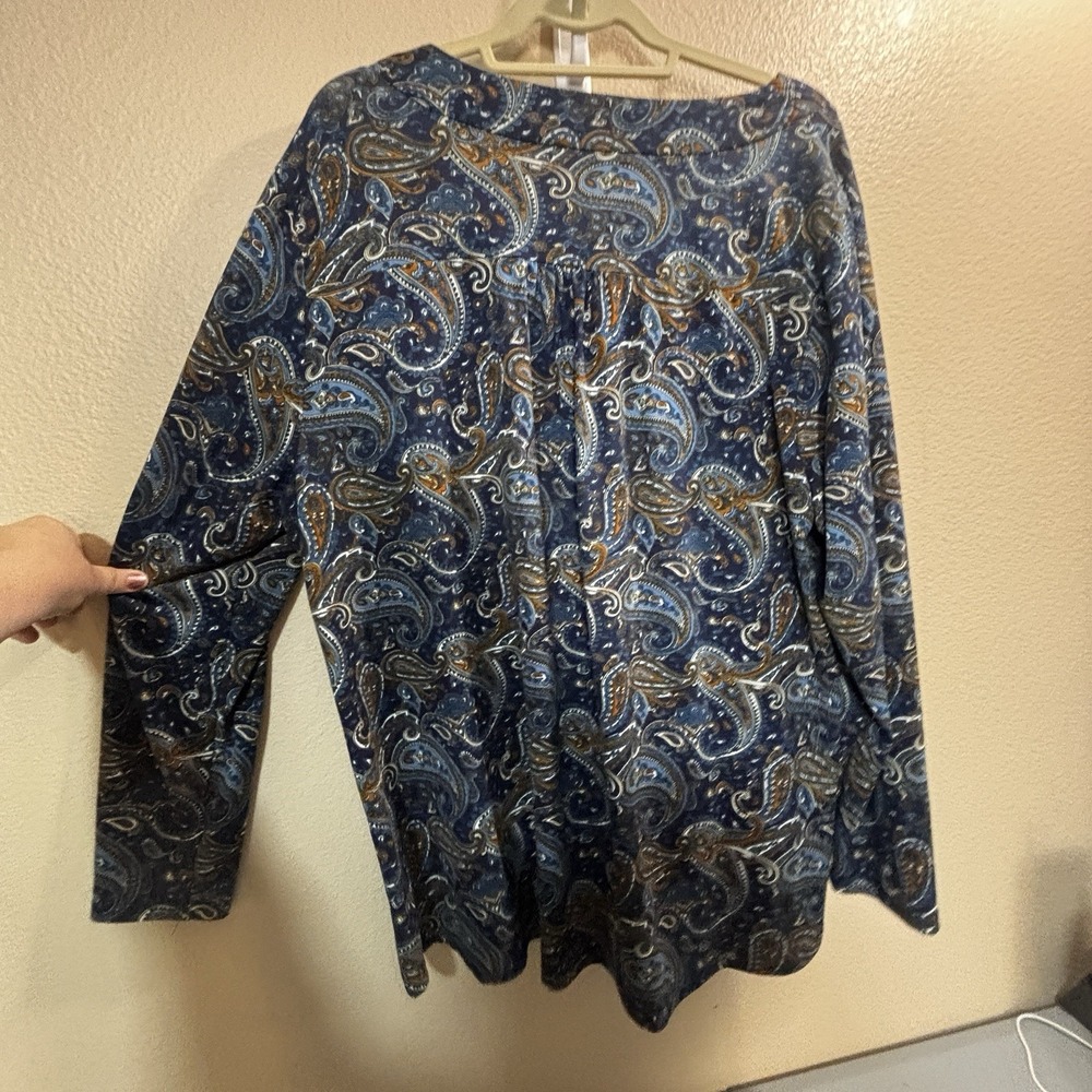 Folunsi Blue Orange Paisley Print Pullover Blouse Shirt Top Long Sleeve Plus 3X - Picture 11 of 12